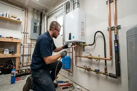Certified Water Heater Specialist Installing High Efficiency Tankless Unit
